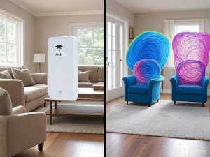 Home layout diagram showing WiFi extender vs mesh system coverage patterns
