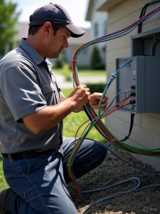 Technician installing fiber optic cables with specialized equipment